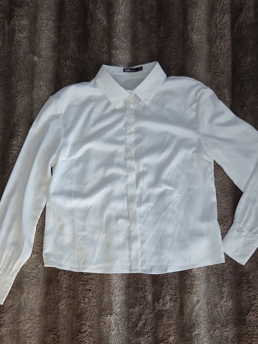 INA White Long Sleeve Collared Blouse w/ Crystal Star Buttons M NWOT